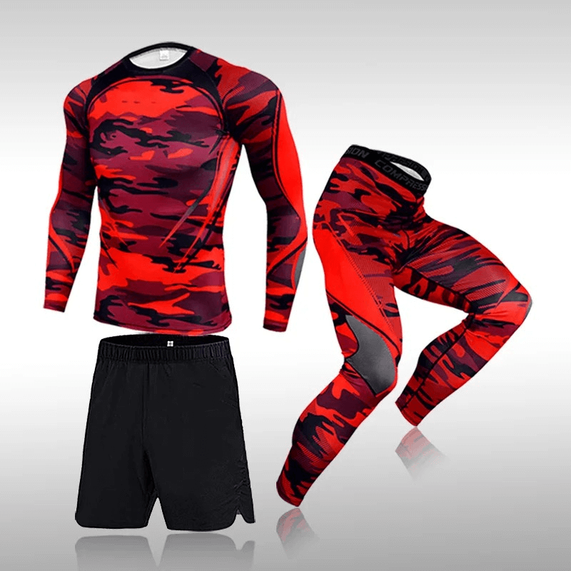 Red camo men's athletic performance wear set SF2032, includes O-neck top, tights, and shorts for workout and fitness routine.